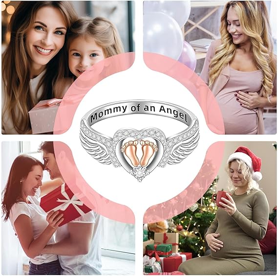 Mommy Of An Angel Ring - Angel Wing Ring for Women Mom Heart Mommy of An Angel Rings Footprint Bands Memorial Mothers Day Gifts