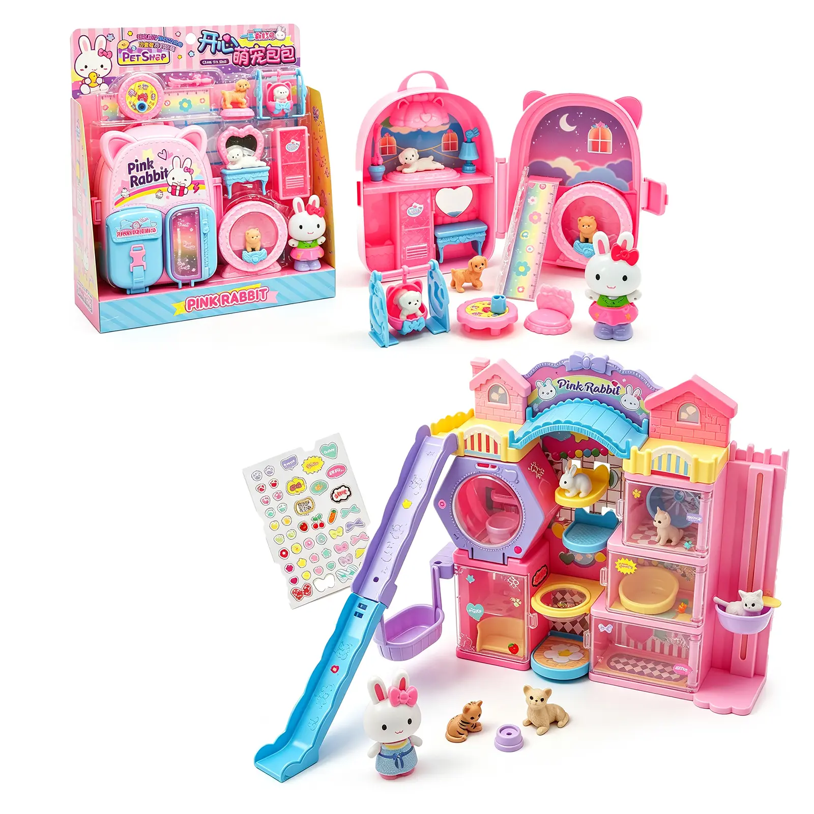 Portable Pink Rabbit Pet Doll House Backpack Playset, Pretend Pet Care Castle Toy with Slide Animal Figures, Kids Pretend Play Toy Gift for Toddlers 3+