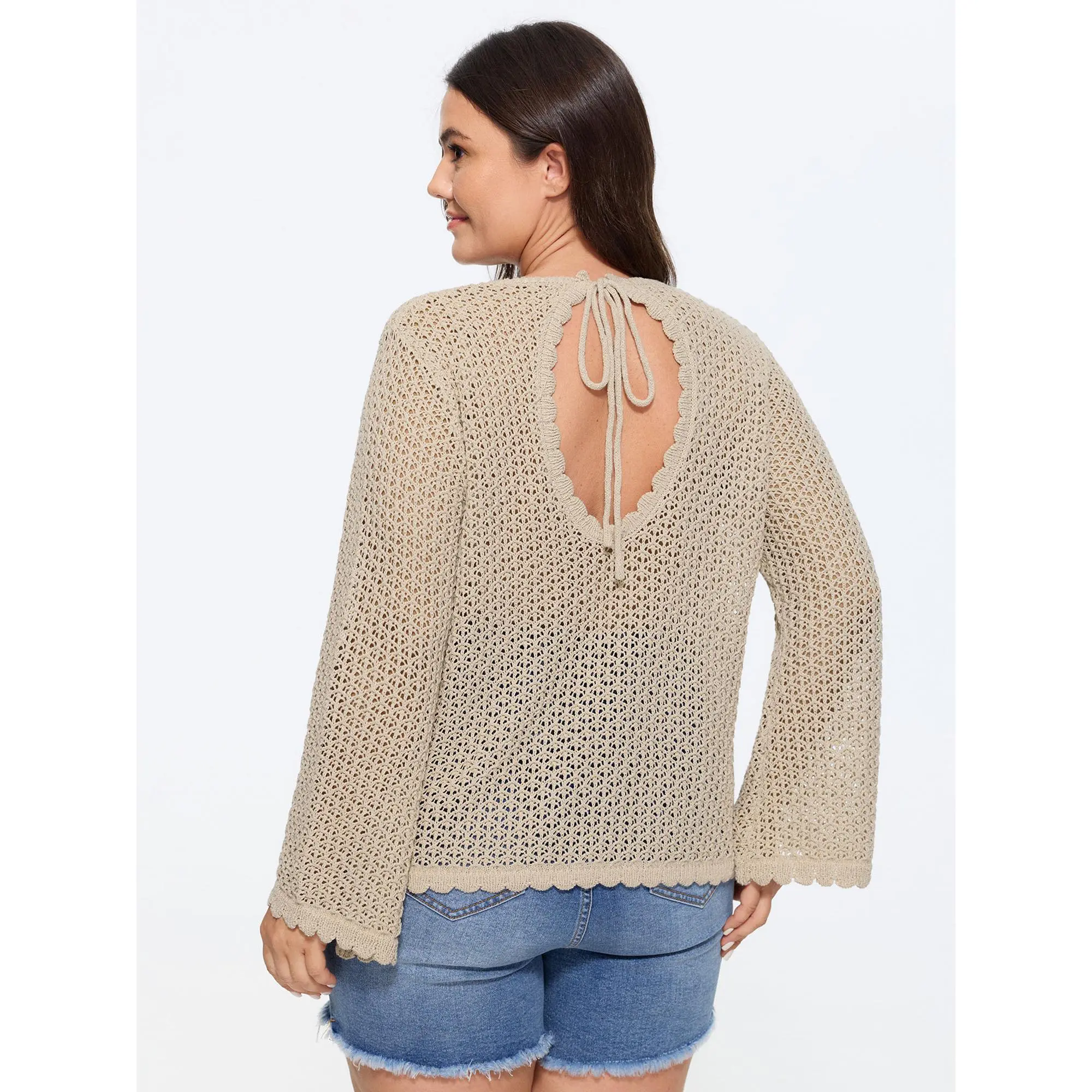 BloomChic Women's Plus Size Longsleeve Polyester Knitwear Cardigan - Sheer, Hollow Out, Back-Tie Detail, Soft Fabric, Size M-6X, 2026 Summer Outfits, Tops, Longsleeves, Sheer Look