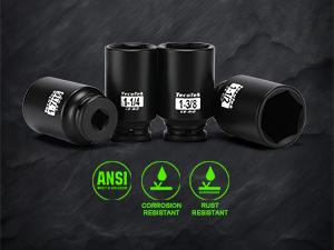 1/2" Drive Deep 6-Point Impact Socket Set, 10-Piece Deep SAE Spindle Axle Nut Impact Socket Set, Cr-Mo, 1-1/16-Inch to 1-5/8-Inch Size, Enhanced Storage Case