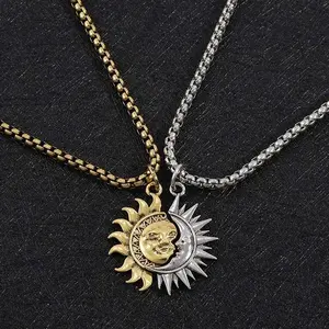 [Valentine's Day Gift] Sun and Moon Asymmetrical Couple Necklace Niche Design All-match Simple Retro Men and Women Jewelry Brothers Necklace Gift
