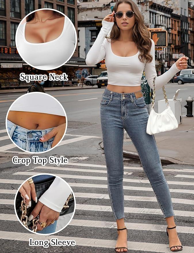 Women's Square Neck Long Sleeve Crop Top Y2K Shirt Sexy
