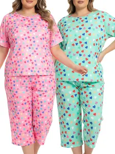 Plus Size Women’s Summer Two-Set Home Loungewear Pajama Set, Double-Breasted Design, Short Sleeve, Loose Fit, Casual, Multicolor Heart Print