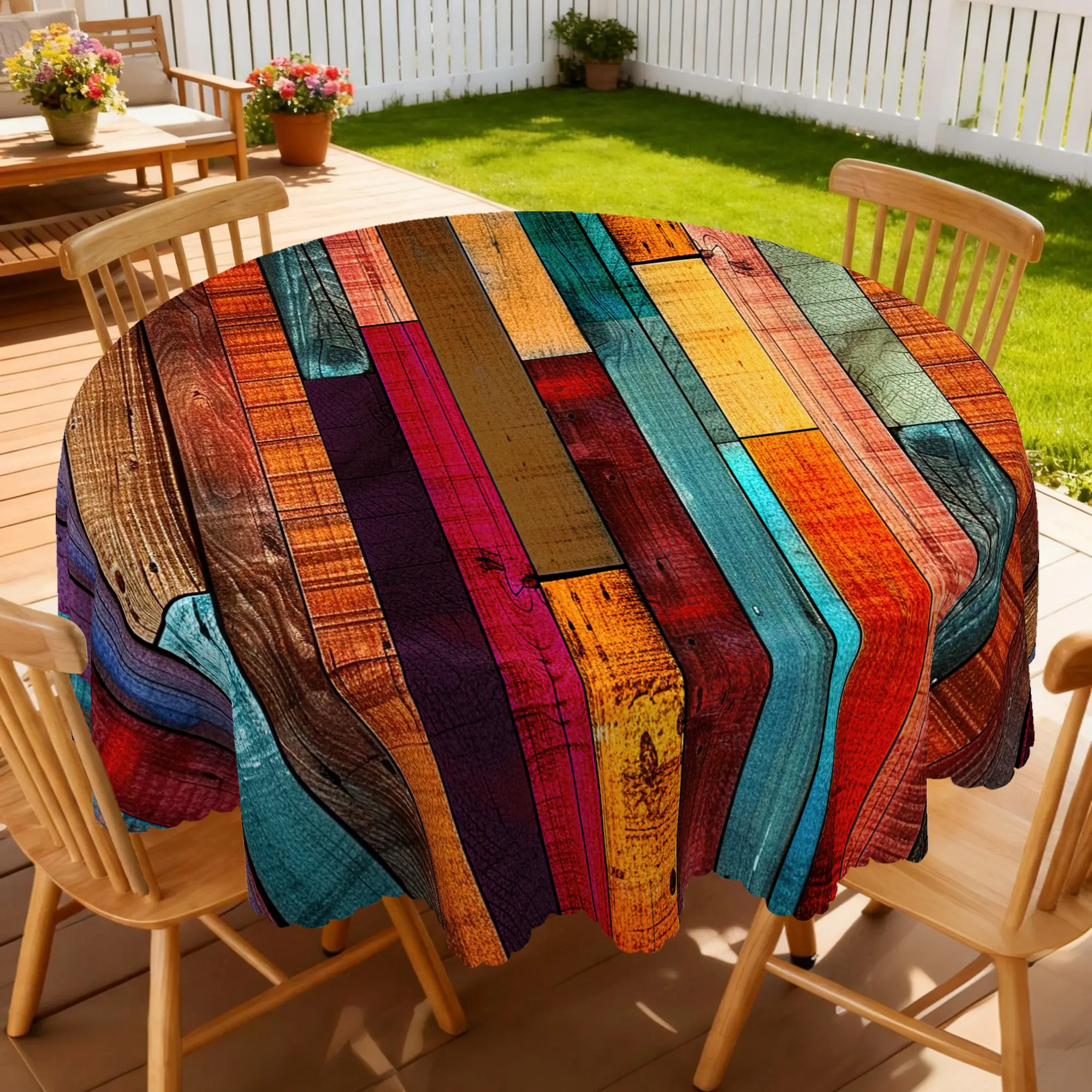 Vintage Colorful Wood Plank Round Tablecloth, Retro Rustic Distressed Wooden Strip Table Cover, Indoor Outdoor Waterproof Table Decor for Patio Picnic Party Kitchen Dining, Farmhouse Home Decor Gift
