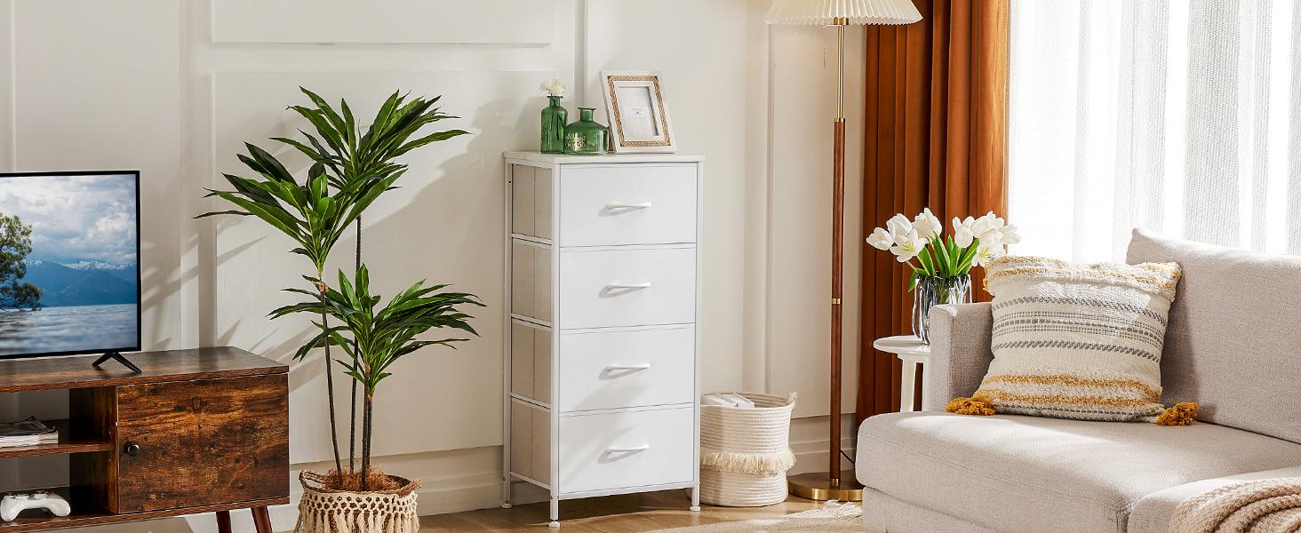 【New Color】Dresser for Bedroom, Storage Drawers,Skinny Fabric Storage Tower with 4 Drawers,Tower Organizer Unit,Chest of Drawers with Wooden