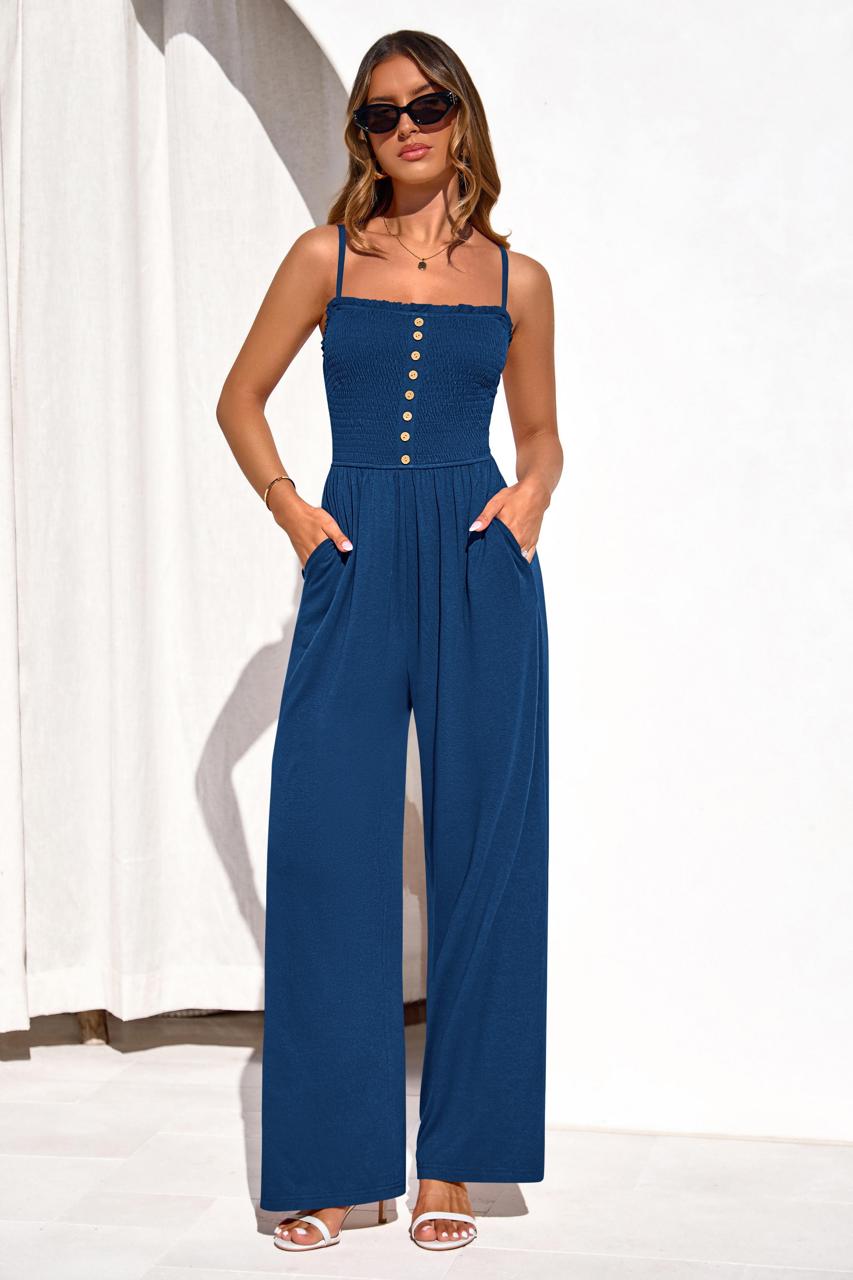 PrettyGarden Jumpsuits for Women Summer Sleeveless Smocked Button Wide Leg Rompers Spring Travel One Piece Outfits PrettyGarden Jumpsuits for Women Summer Sleeveless Smocked Button Wide Leg Rompers Spring Travel One Piece Outfits