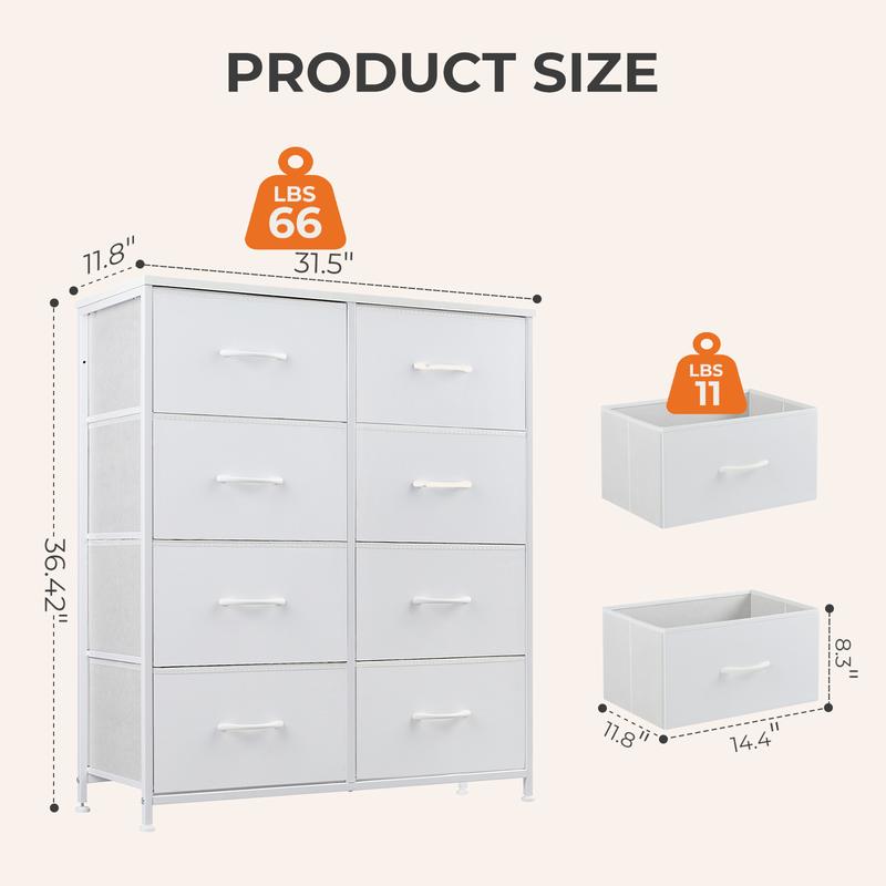 【New Color】Dresser for Bedroom Drawer Dresser Organizer Storage Drawers Fabric Storage Tower, Chest of Drawers with 8 Fabric Bins, Steel Frame, Wooden Top
