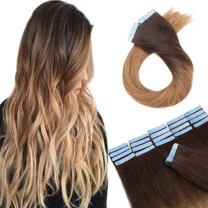 Tape in Hair Extensions Human Hair 100% Remy Hair 4T27# Dark Brown Ombre Hair Extensions Remy Human Hair Honey Blonde Balayage Tape in，20 Pcs 50g/pack  Straight Seamless Skin Weft Hair(16-26Inch # 4T27)