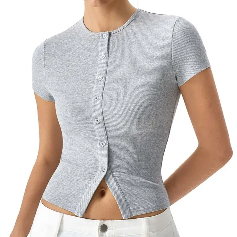 QINSEN Women's Crewneck Short Sleeve T Shirts Ribbed Button Going Out Trendy Tops