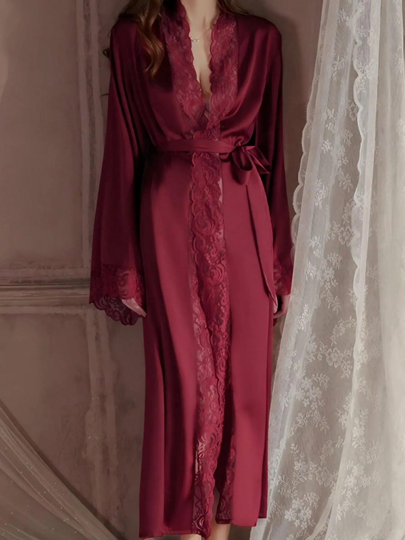 Women's Contrast Lace Adjustable Belted Silky Satin Smooth Lightweight Robe, Long Sleeve V Neck Lounge Robe, Bride's Robe, Women's Elegant Casual Sleepwear & Loungewear for Spring & Fall, Gowns, Oversize