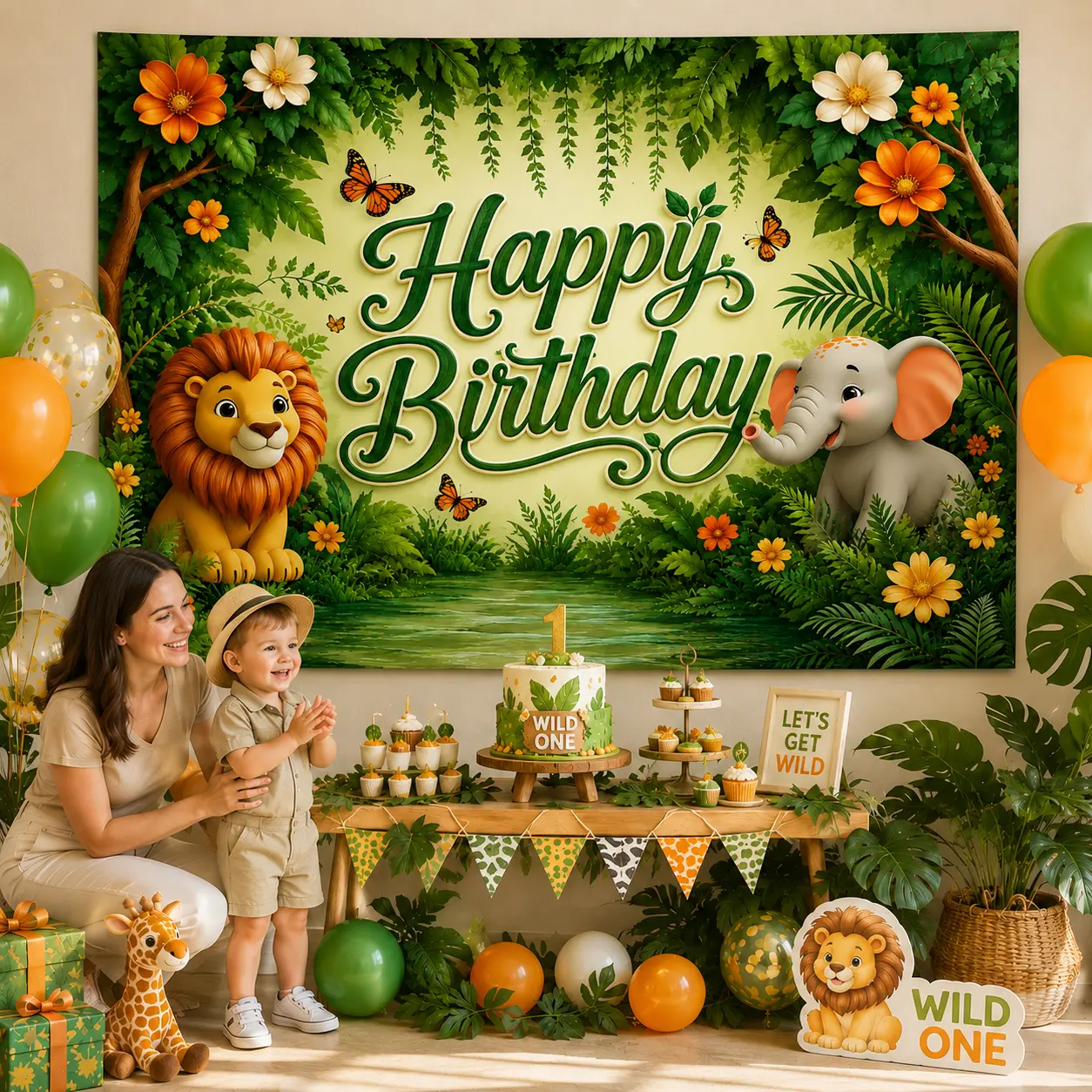 Tropical Jungle Safari Birthday Backdrop Banner - Hangable Green Animal Party Tapestry with Lion, Elephant, Giraffe, Balloons & Flowers, Safari Animal Vibe, Bright & Lively Look for Kids' Party Photo Background Decor, Baby