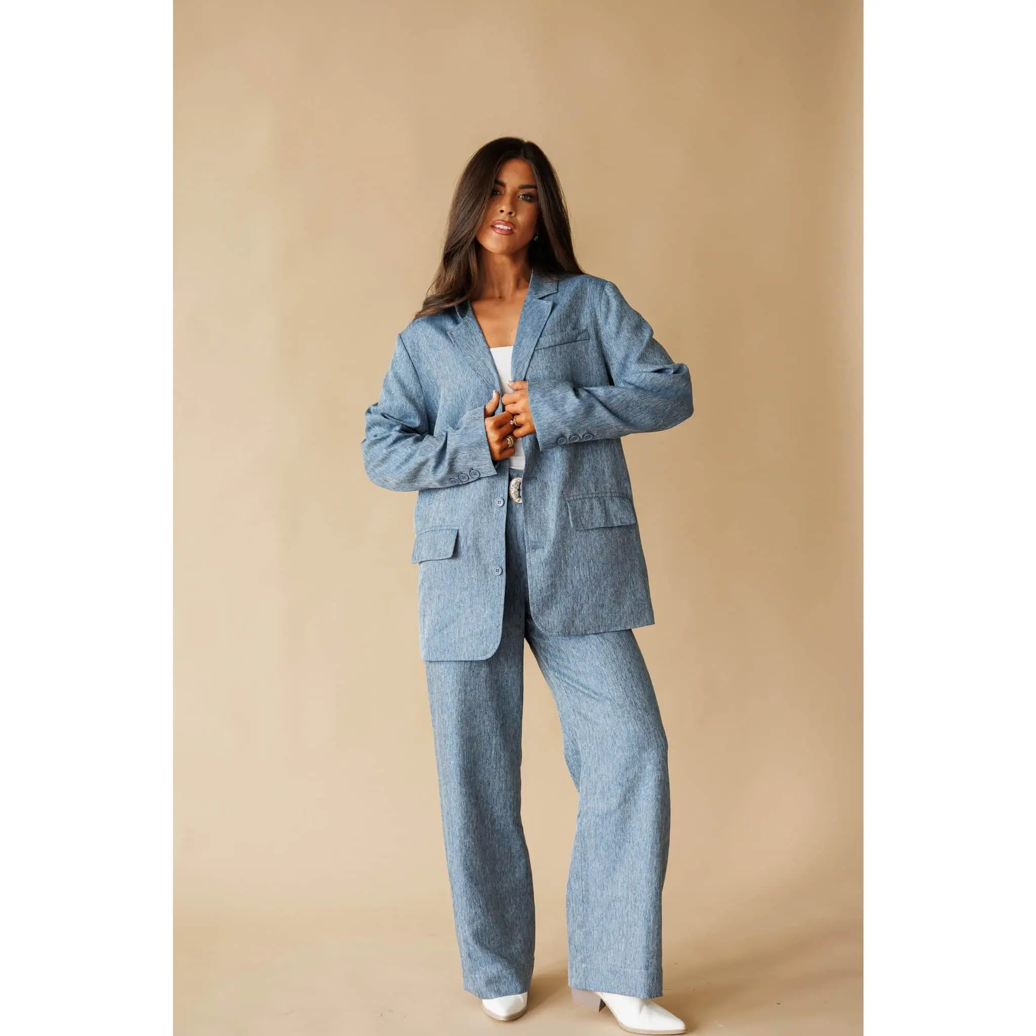 Women's Relaxed Fit Blazer, Oversized Denim-Style Polyester Fabric Jacket with Pockets for Matching Sets, Long Sleeve, Button