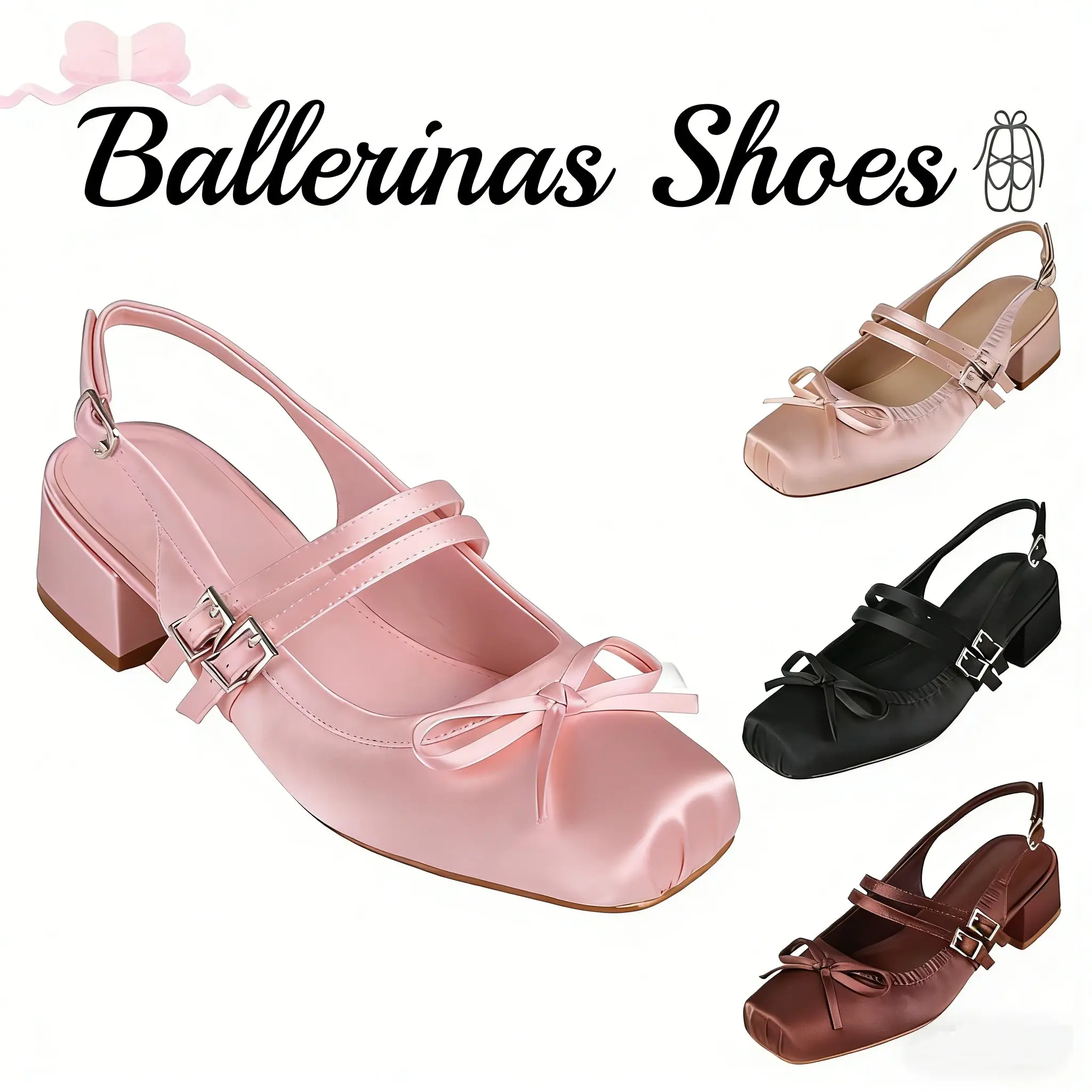 Women's Elegant Square Toe Mary Jane Shoes - Silk Upper Ballerina Heels, Pink, Silk Bowtie Pumps, Low Cuban Heel, Versatile Casual Wear Footwear for Women, Slip-On, Mary Janes, Cute, Shoes For Women