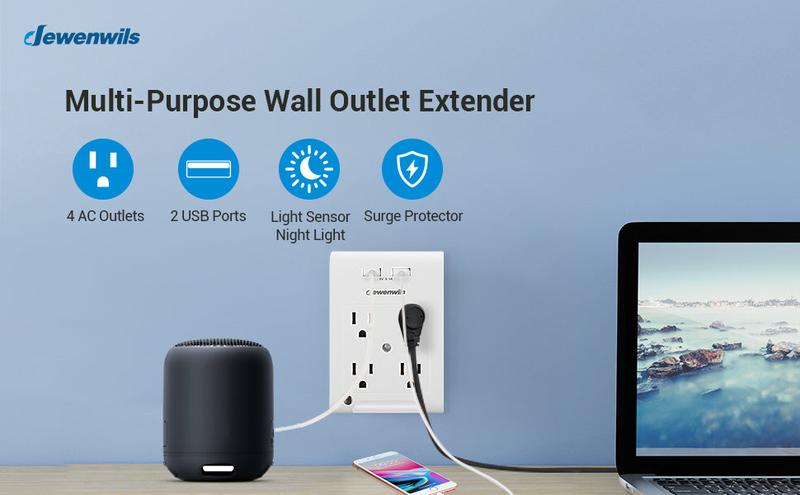 DEWENWILS 4-Outlet Outlet Extender with 2 USB Ports, Wall Outlet Adapter, Light Sensor Night Light, 1080 Joules Surge Protector-HOU402D