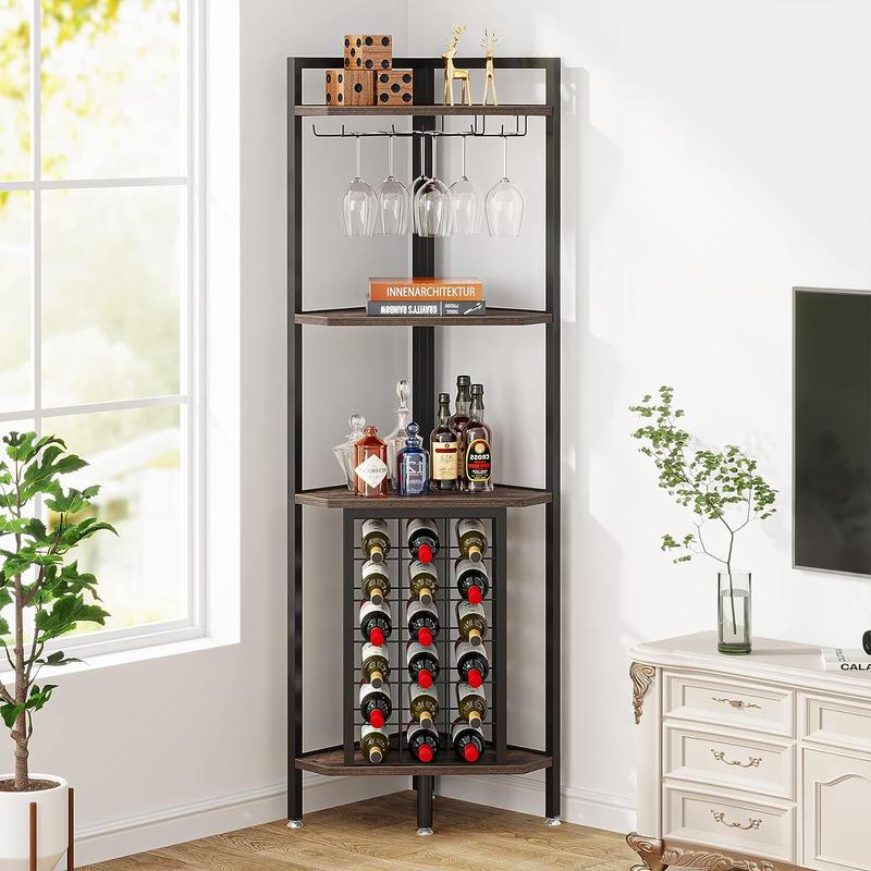 Tribesigns Industrial 4 Tier Corner Wine Rack with Glass Holder,Corner Bar Utensils Metal