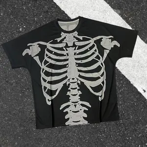 Punk skeleton graphic T shirt, American dark subculture high street dropped shoulder short sleeves, breathable, skin friendly, wear resistant, wrinkle resistant—trendy men’s streetwear for everyday outings, street style, casual dates, and gatherings; a si
