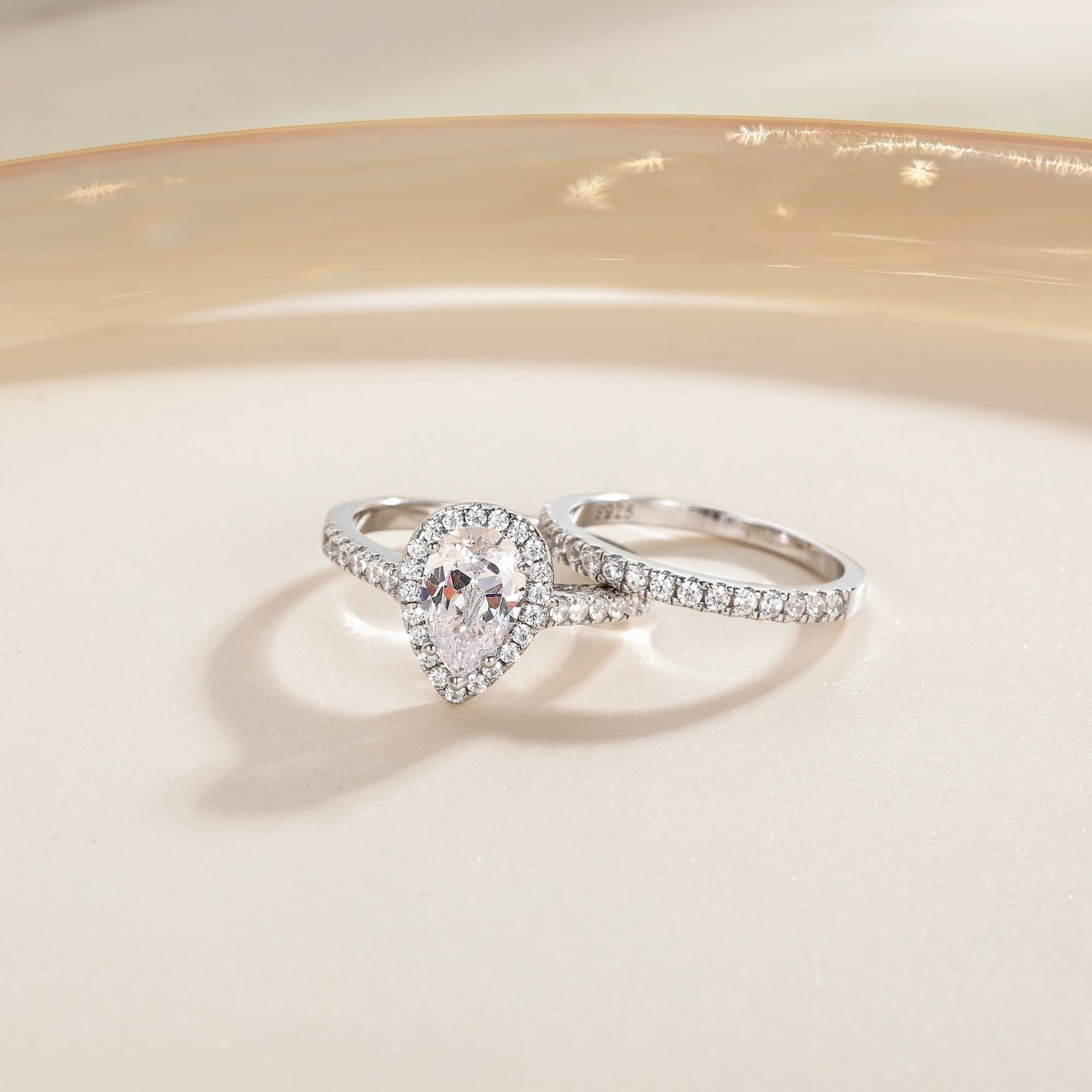 EAMTI 1.5CT 925 Sterling Silver Wedding Band Cubic Zirconia Teardrop Bridal Rings Sets Engagement Rings for Women