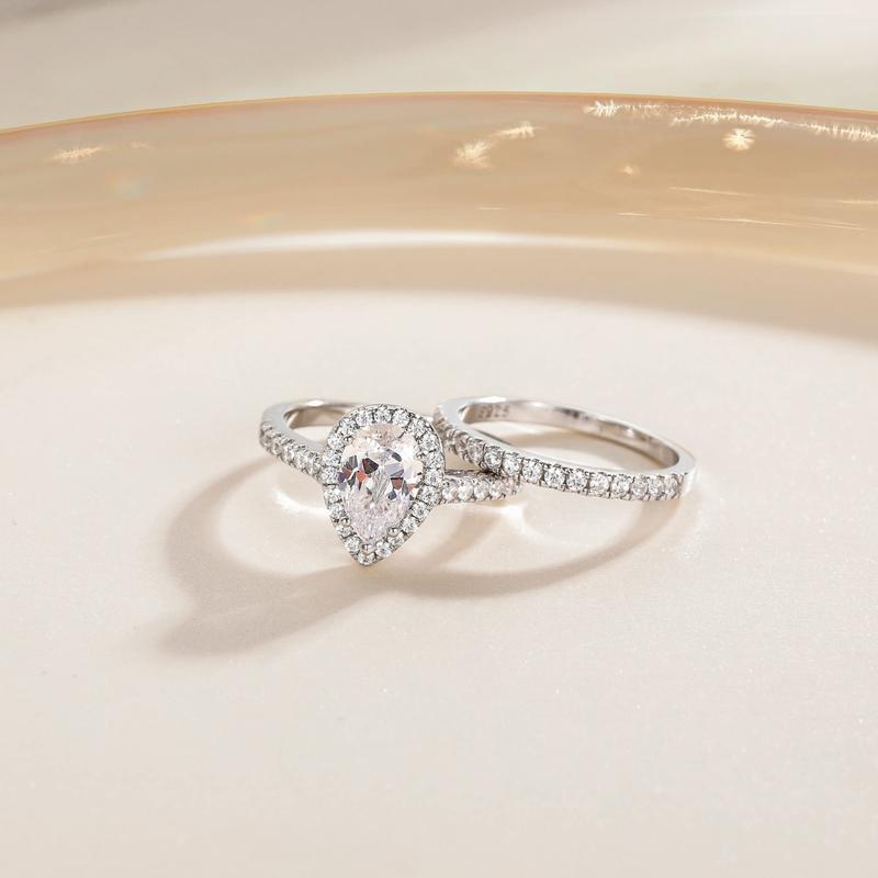 EAMTI 1.5CT 925 Sterling Silver Wedding Band Cubic Zirconia Teardrop Bridal Rings Sets Engagement Rings for Women
