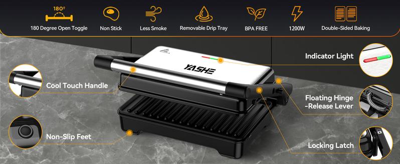 YASHE Panini Grill Press, 1200 W Sandwich Maker, Panini Maker with Non-Stick Coated Cast Aluminum Plates, Fits 2 Slices of Bread, 180-Degree Opening, Easy to Clean,Versatile Use