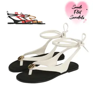 Suede Flat Sandals for Women Cute Ankle Strappy Thong Sandals Ladies Summer Dress Flip Flops with Metal Circular