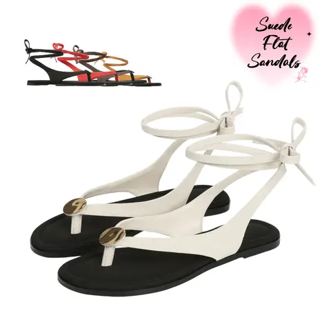 Women's Soft Suede Flat Sole Sandals - Open Toe, Ankle Strap, No-Tie Toe Thong Slides with Metal Circular Design, Athletic Street Style, Multi-Size Casual Summer Shoes for Women