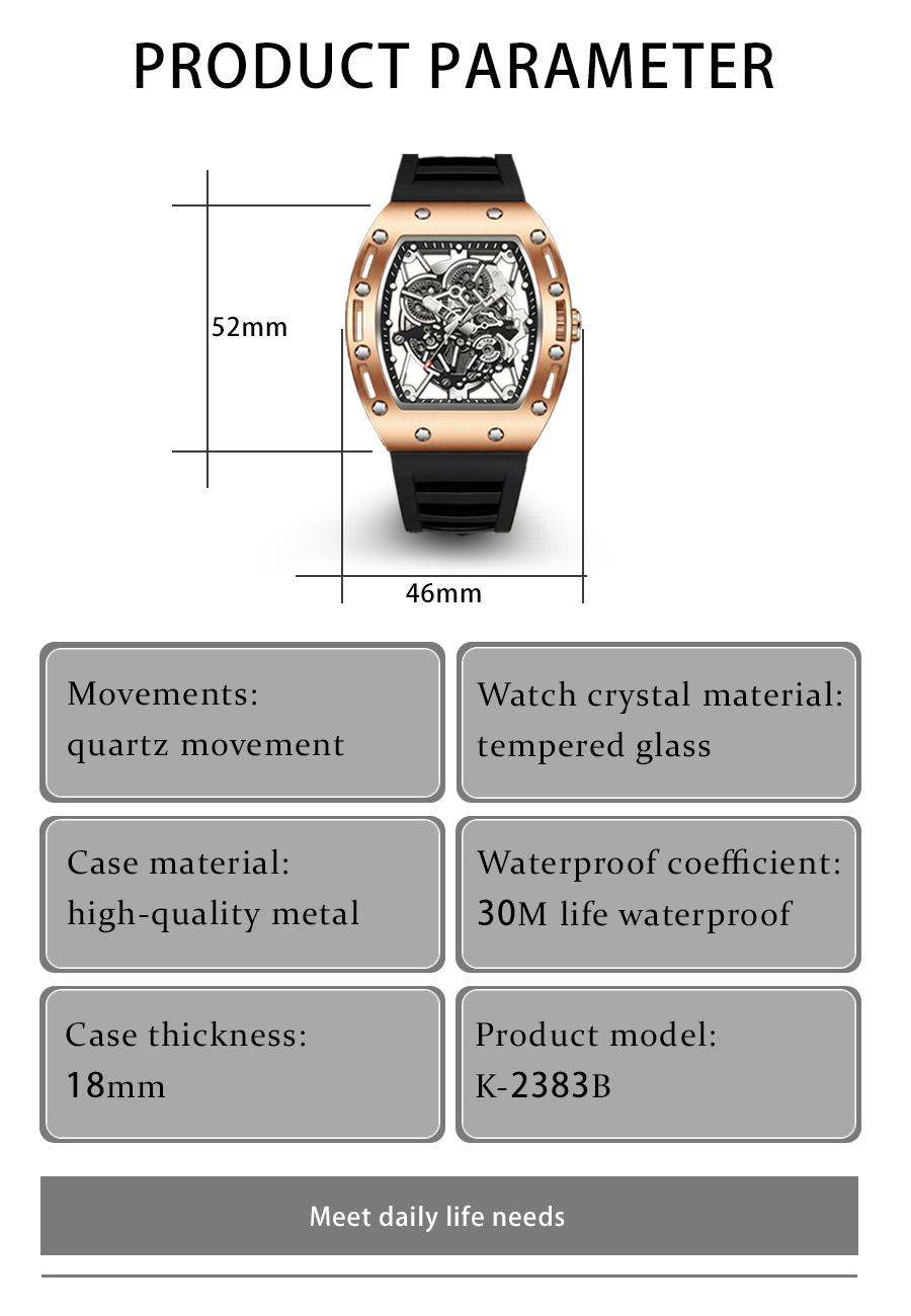 Men's Barrel-Shaped Skeleton Watch Black and Gold Tone Water Resistant 30M Quartz Analog Wristwatch with Silicone Strap for Daily & Outdoor Use Birthday Gift Idea