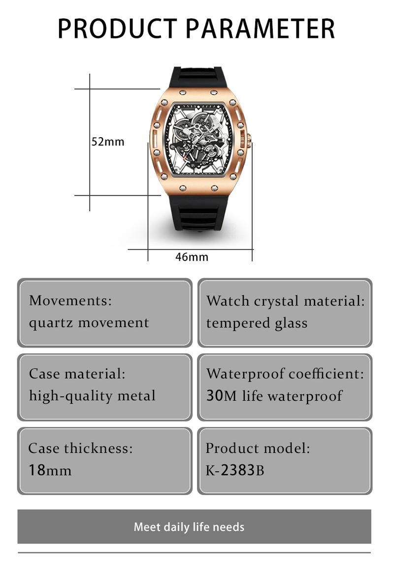 Men's Barrel-Shaped Skeleton Watch Black and Gold Tone Water Resistant 30M Quartz Analog Wristwatch with Silicone Strap for Daily & Outdoor Use Birthday Gift Idea