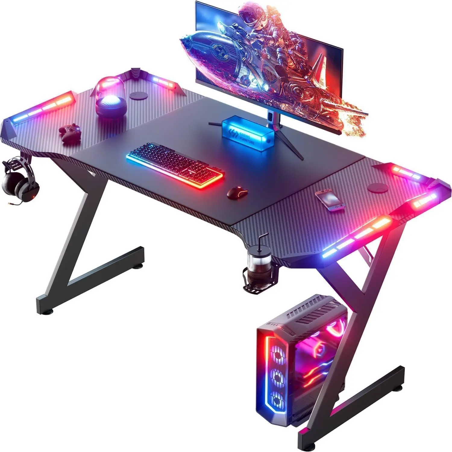 Gaming Desk with LED Lights, Home Office Gamer Desk, Ergonomic Computer Table with Large Carbon Fiber Desktop, Office Workstation, Cup Holder & Headphone Hook summerwins,dorm essentials,home decor