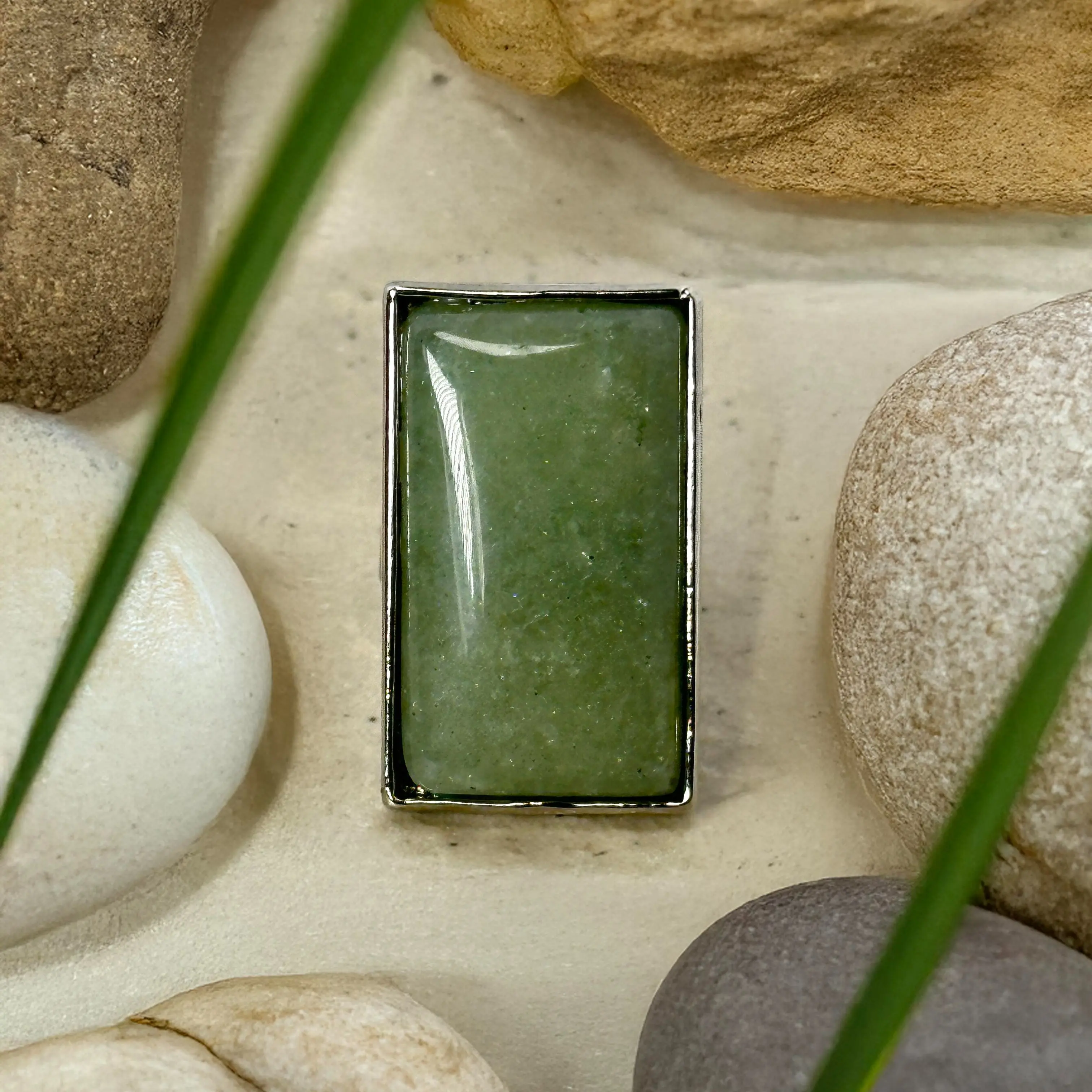 Green Aventurine Rectangle Ring, Luxury Jewelry/SZ.8