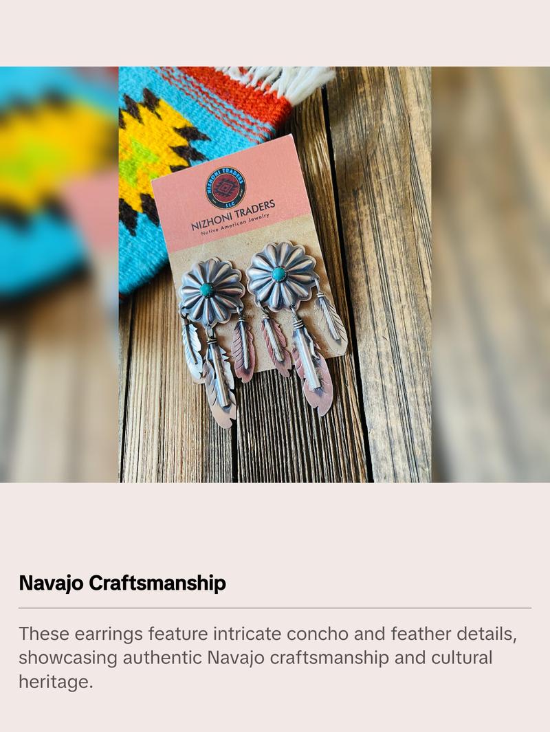 Navajo Sterling Silver & Turquoise Concho Feather Dangle Earrings