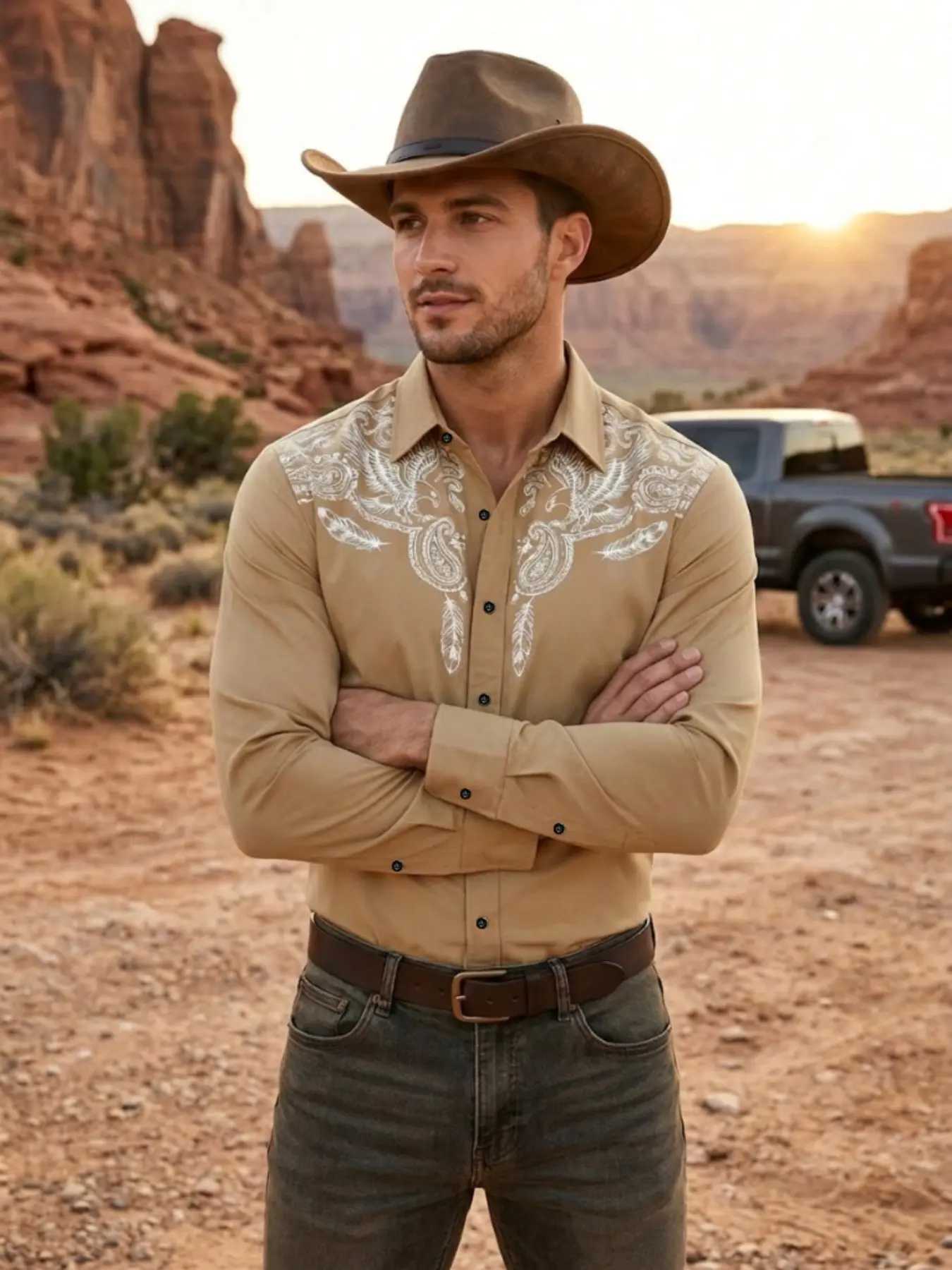 Men's Tan Western Cowboy Shirt | Classic Long Sleeve Button Down | Rodeo, Festival, Country, Casual & Outdoor Style Outfit Casual Button Shirts