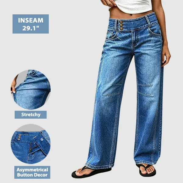Flamingals Asymmetrical Button Decor Stitch Decor Mid Waist Straight Leg Jeans Stretchy 29.1'' Inseam