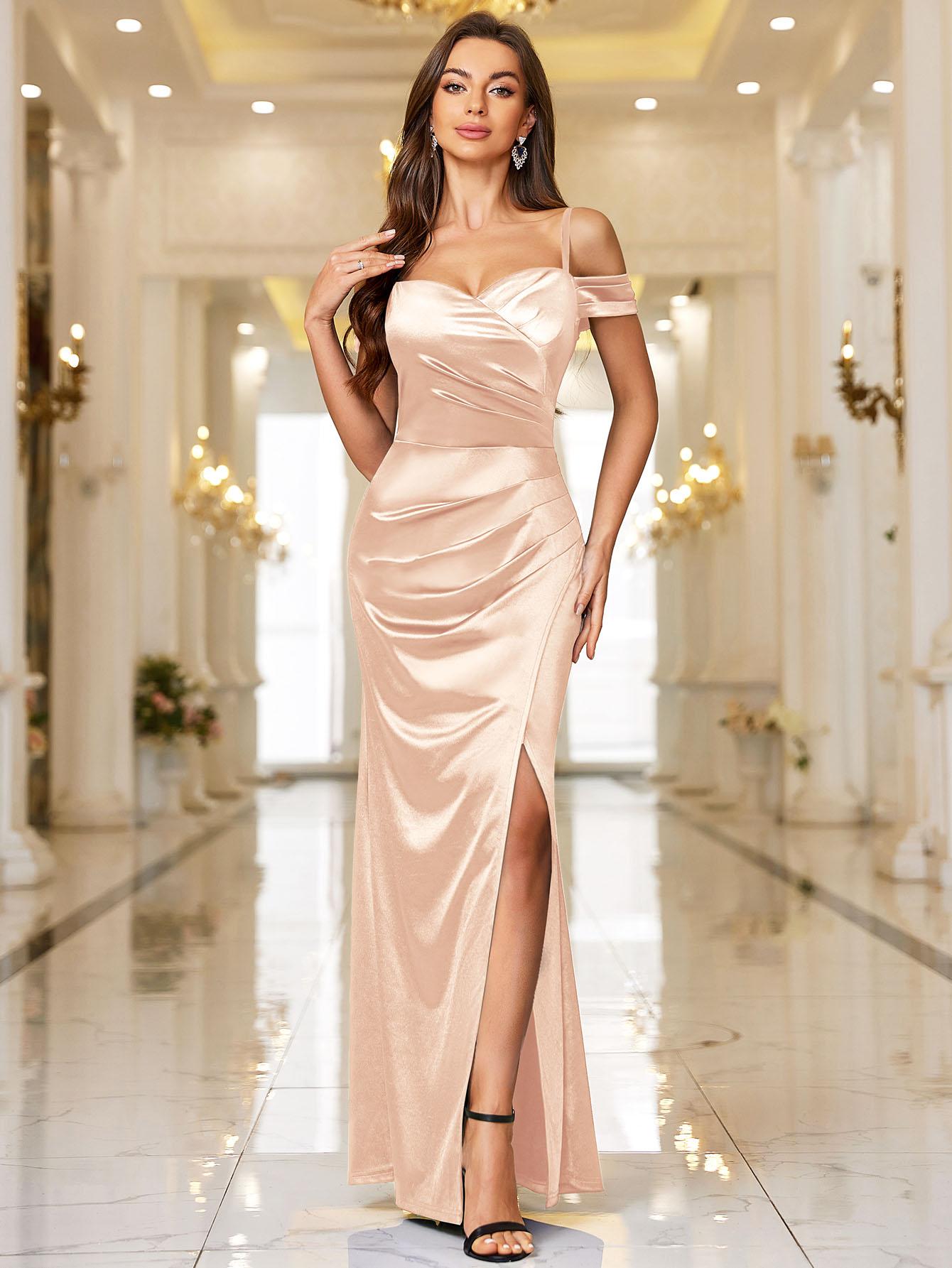 Miusol 53300 Women's Off Shoulder Satin Maxi Dress with High Split & Ruched Design for Formal Evening Parties Weddings Sleeveless Spaghetti Strap Minimalist Style Homecoming dress SpringStatements