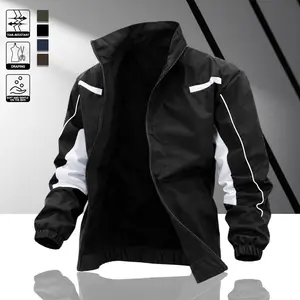 Men's reflective strip contrasting color stand-up collar jacket, windproof and wear-resistant fabric, zipper pocket, street function wind, suitable for daily commuting, comfortable color matching, thin and versatile design jacket Coats Casual Long Sleeve