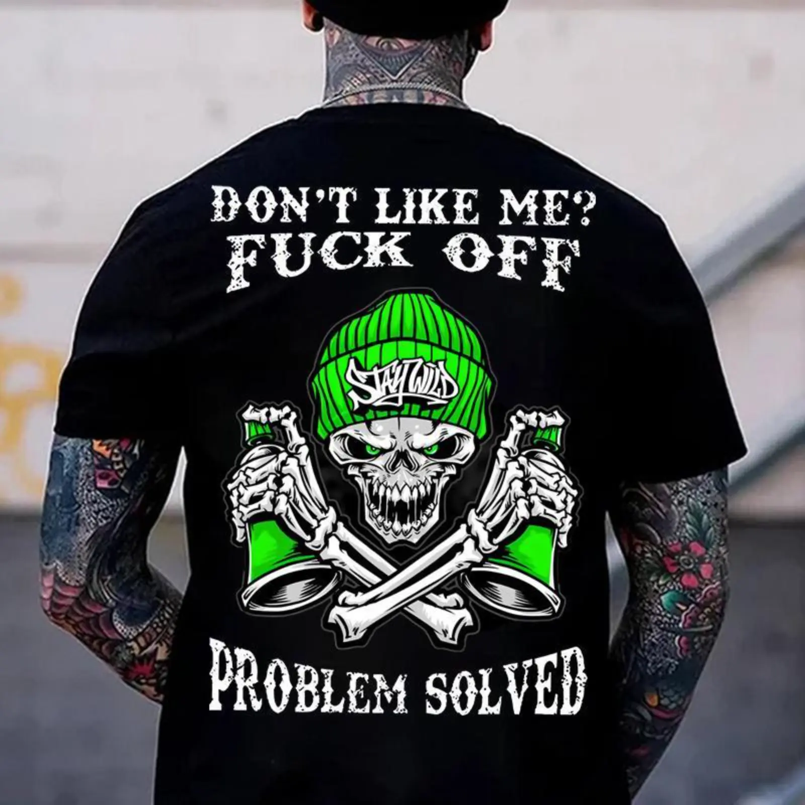 Mens Cotton Casual Short-Sleeve Streetwear T-Shirt - Tattooed Graffiti Skull Print, Aesthetic Merch, Vintage Classic Summer Menswear Outfit, Smooth, Seamless, Shortsleeve, Fabric, Round Neck, Graphics, Soft, Top, Tshirt, Casual Fit