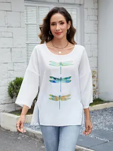 OsCloset Summer Tops for Women Casual Tops Office Elegance Polyester Tee with Floral Dragonfly Design Comfort Fit Blouse