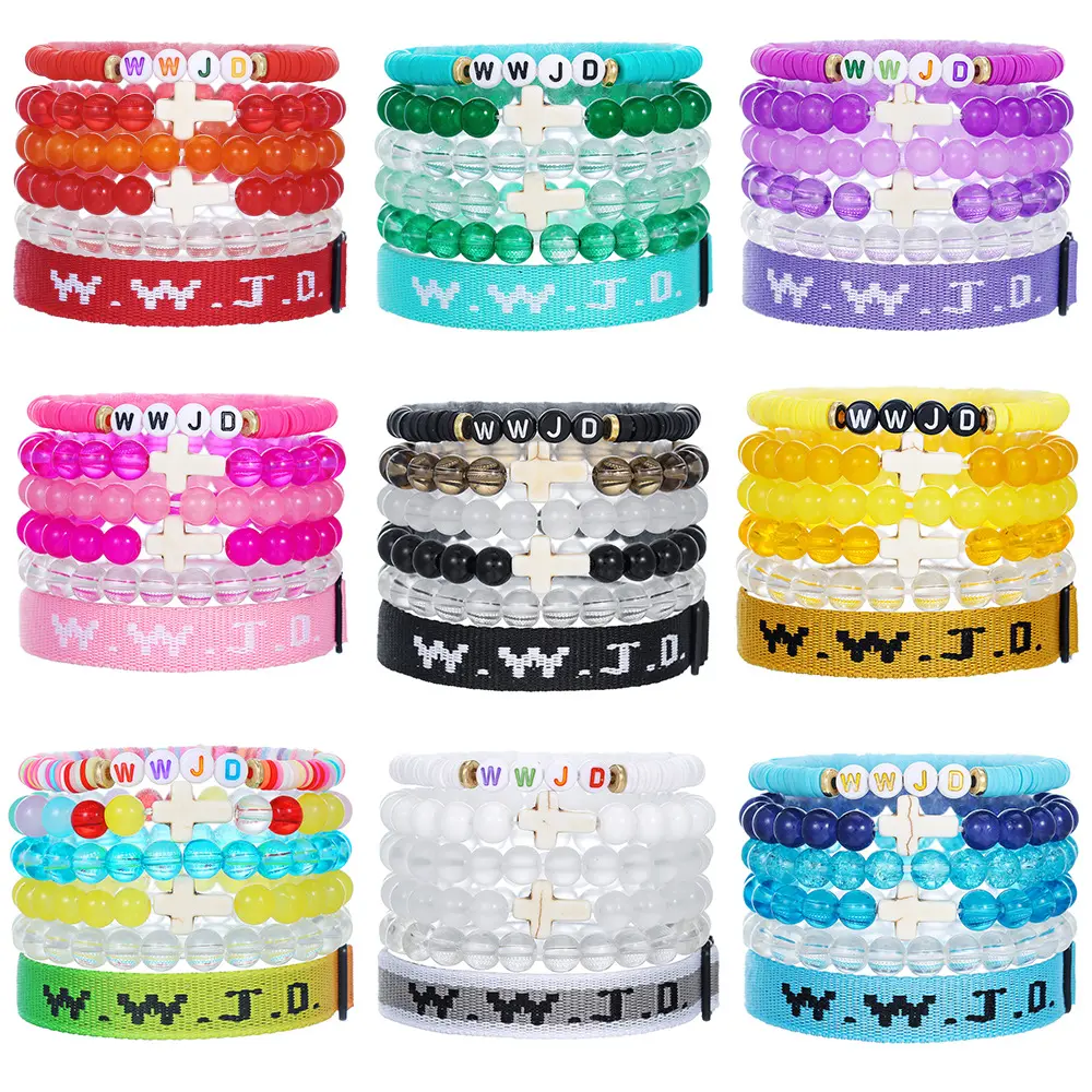 Women Men WWJD Cross Beaded Bracelet Unisex Friendship Polymer Clay Wristband For Daily Wear Gift