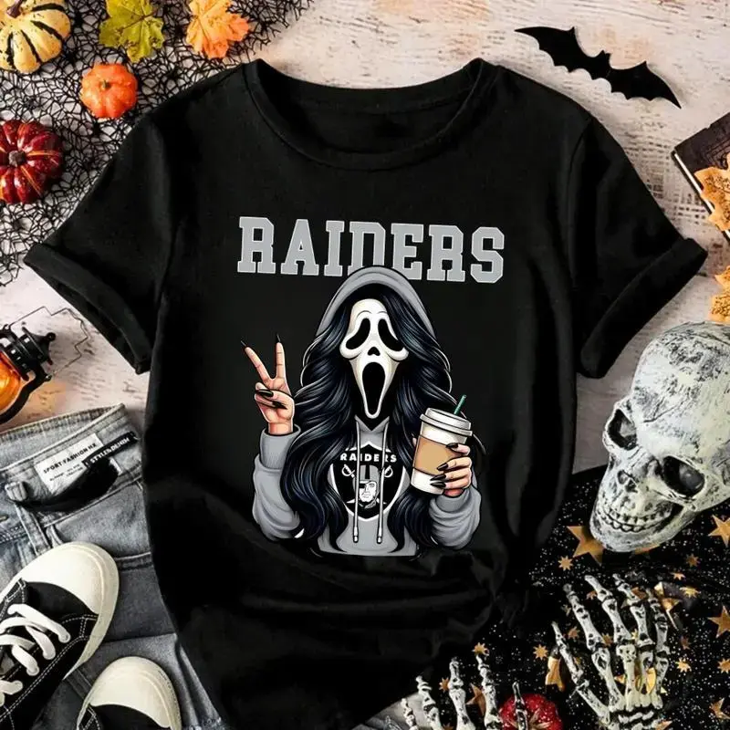 Ladies' Fashion Comfortable Cotton Graphic Print T-shirt - Halloween Football Skull, Coffee Theme, Round Neck, Short Sleeve, Everyday Casual Streetwear Piece