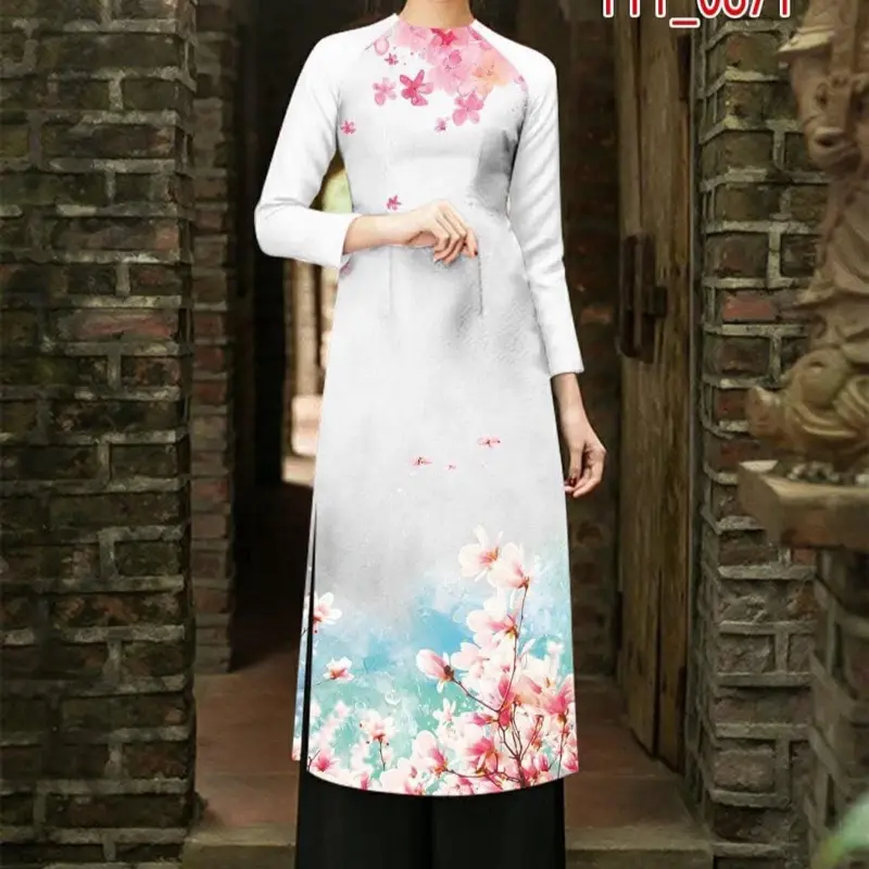 Set Traditional Vietnamese White with Peach Blossom Ao Dai Cach Tan - Bộ áo dài in 3D cách tân - Ready to ship - Square neck