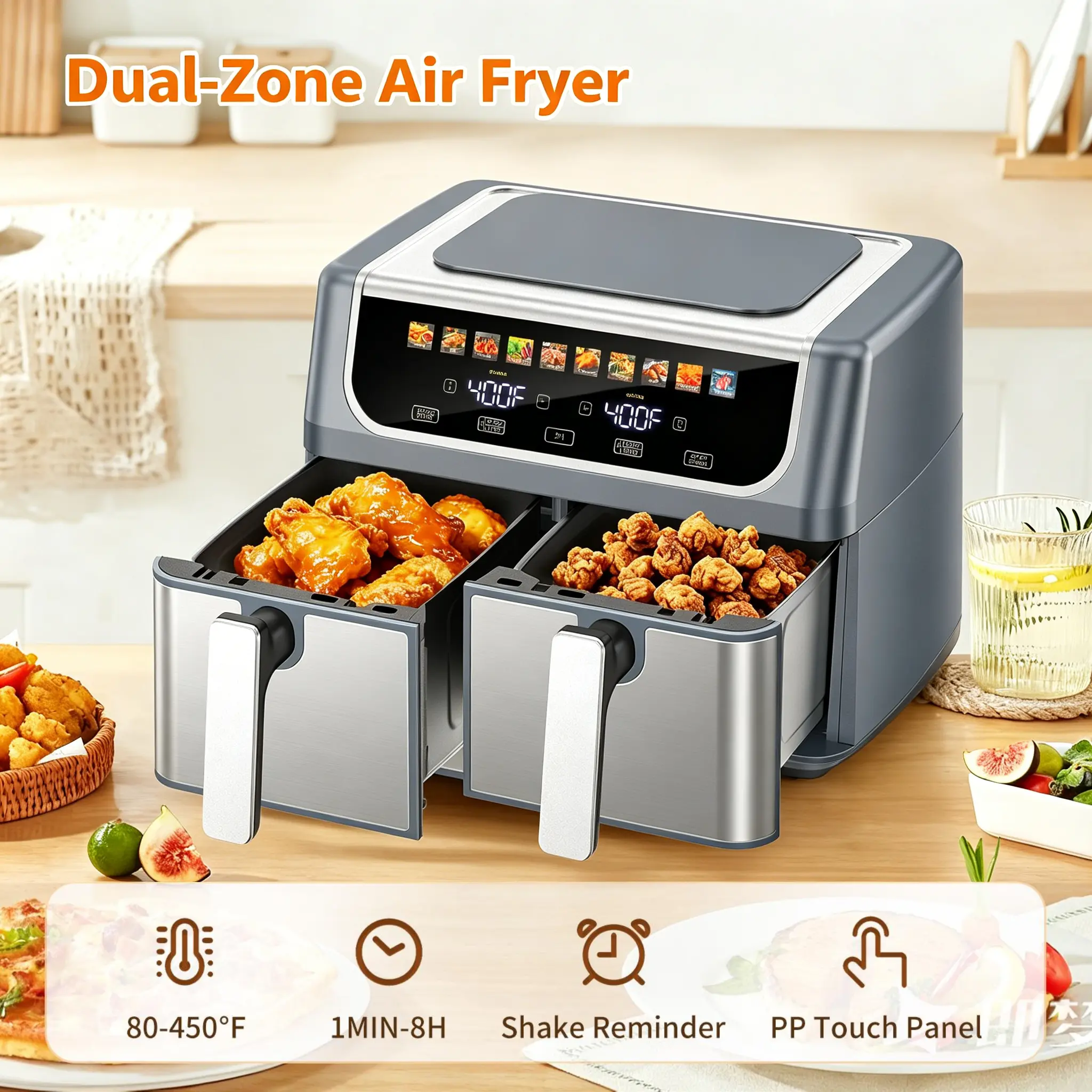 Sweetcrispy 9-Quart Dual Basket Digital Double Zone Air Fryer - 10-in-1 Smart Digital Cooker, 200°F-450°F Adjustable Temp, 2 Independent Nonstick Baskets with Easy View Windows, Sync Finish & Hi-Fry for Crunch, Crispy with Less Oil Kitchen Appliance
