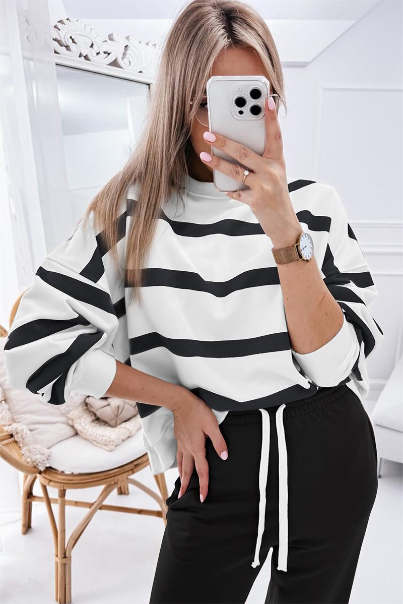 MULLVEIG Women's Stripe Drop Shoulder Pullover & Jogger Pants Set - Winter 2 Piece Lounge Outfit for Cozy Comfort Womenswear