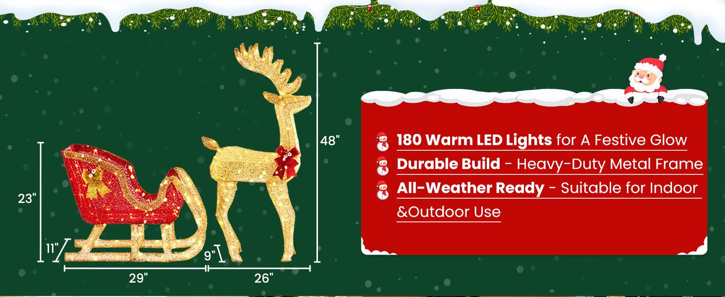 Lighted Christmas Reindeer & Sleigh Holiday Outdoor Yard Decoration Set ,3D LED Santa Claus Sleigh with Reindeer, Christmas Decoration Light