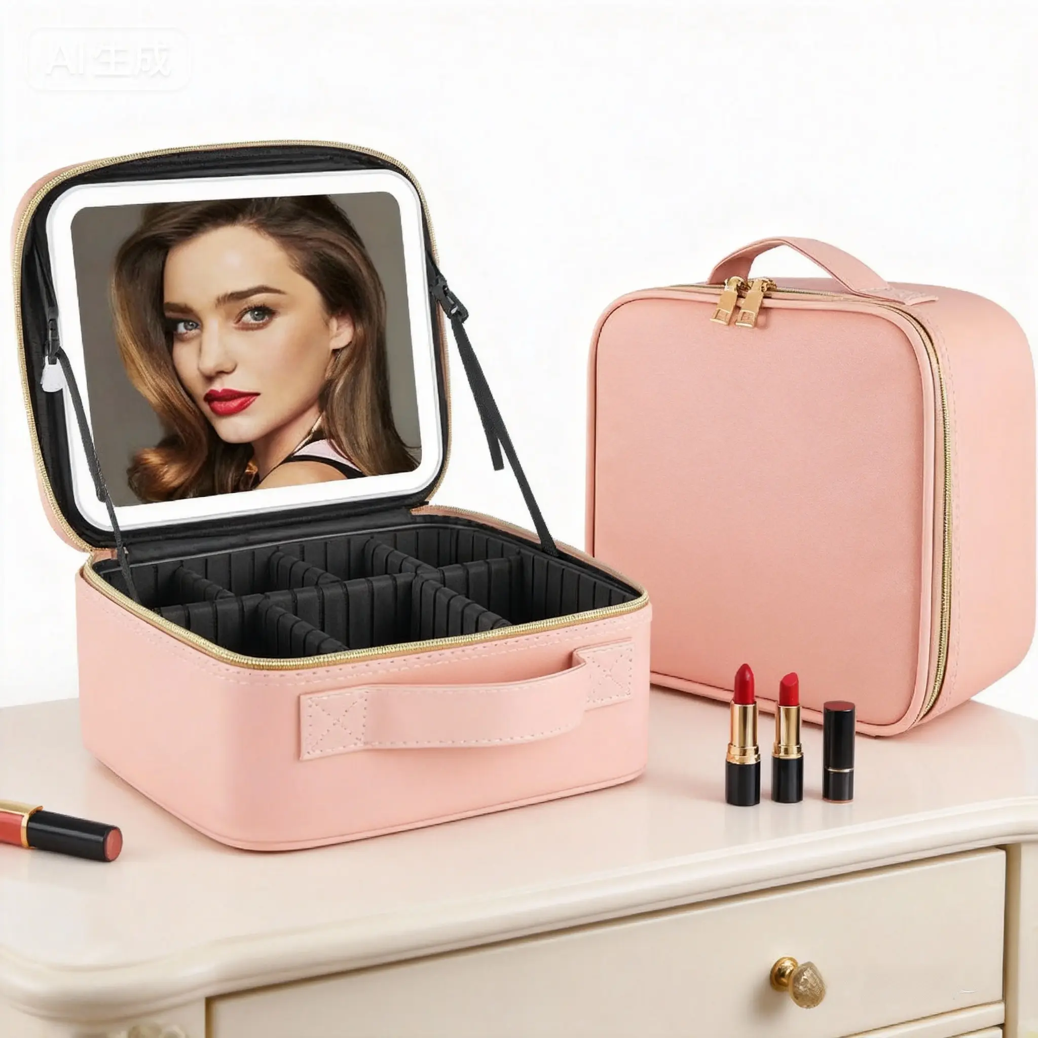 [Clearance] Cosmetic storage bag with LED mirror, Removable mirror, 4K sliver plated large mirror fill light, light strips all around, adjustable internal space, lightweight and easy to carry