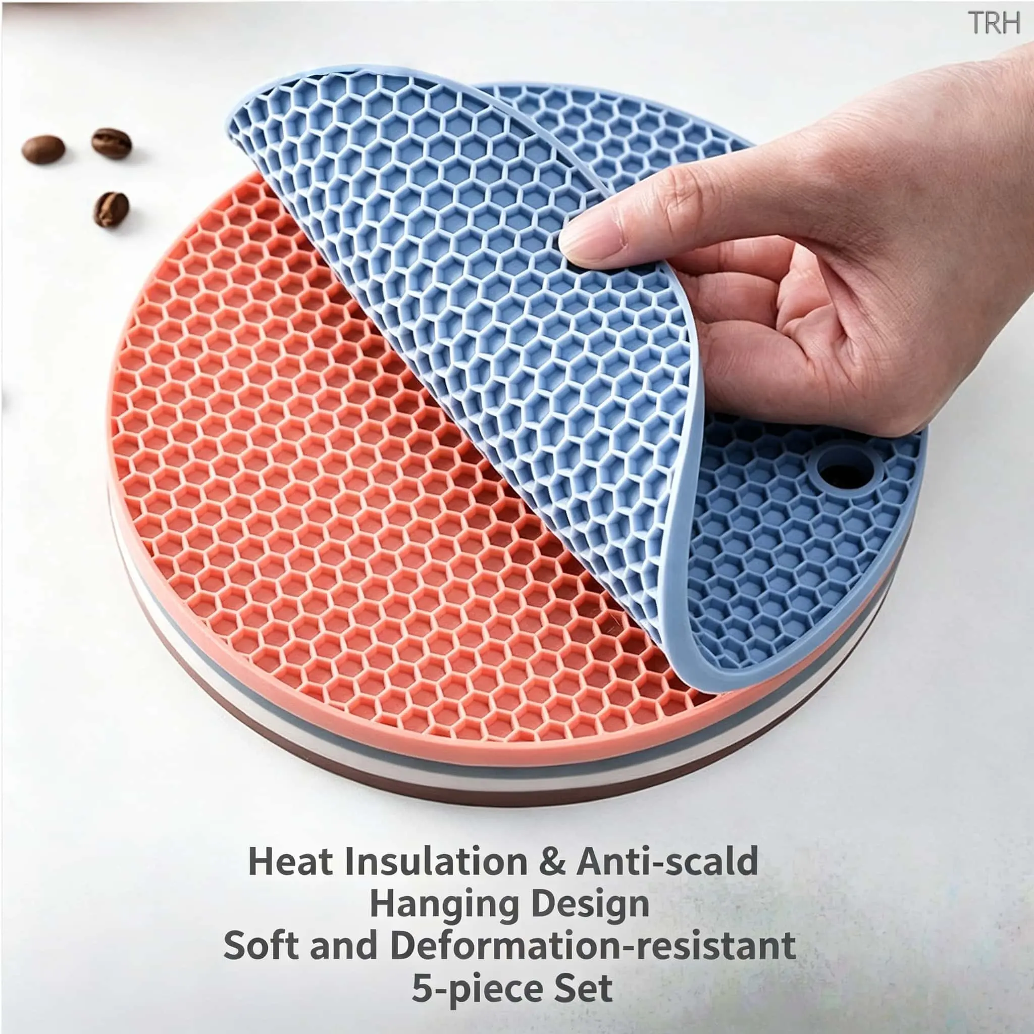 5Pcs Honeycomb Silicone Trivet Mat, Heat‑Resistant Anti‑Slip Round Pot Coaster, Non‑Scald Table Placemat for Cup Plate Bowl, Waterproof Flexible Kitchen Hot Pad, Multi‑Purpose Dining Accessory, Available in Custom 3‑Piece Bundle Set