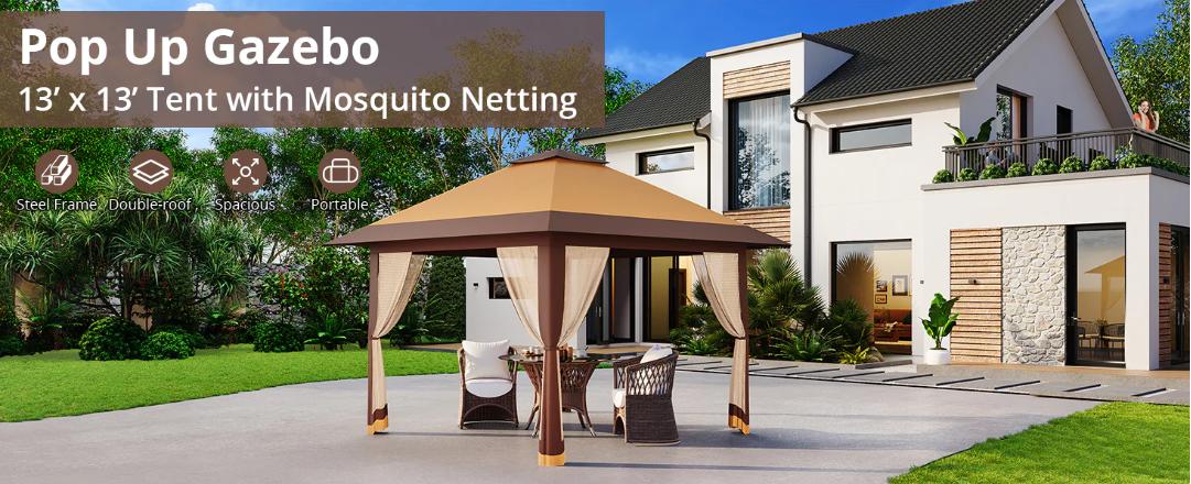 【GARVEE】13x13ft Pop-Up Canopy Tent with Mosquito Netting - Portable Outdoor Shelter for Lawn, Garden, Backyard, and Deck - Features Instant Setup, Double Roof Design, and Multiple Color Options