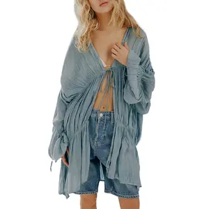 Songling Women's Swimwear Cover-Up Floaty Pleated Bell-Sleeve Beach Cover-Up Top Summer Casual Long Chiffon Front-Tie Cardigan
