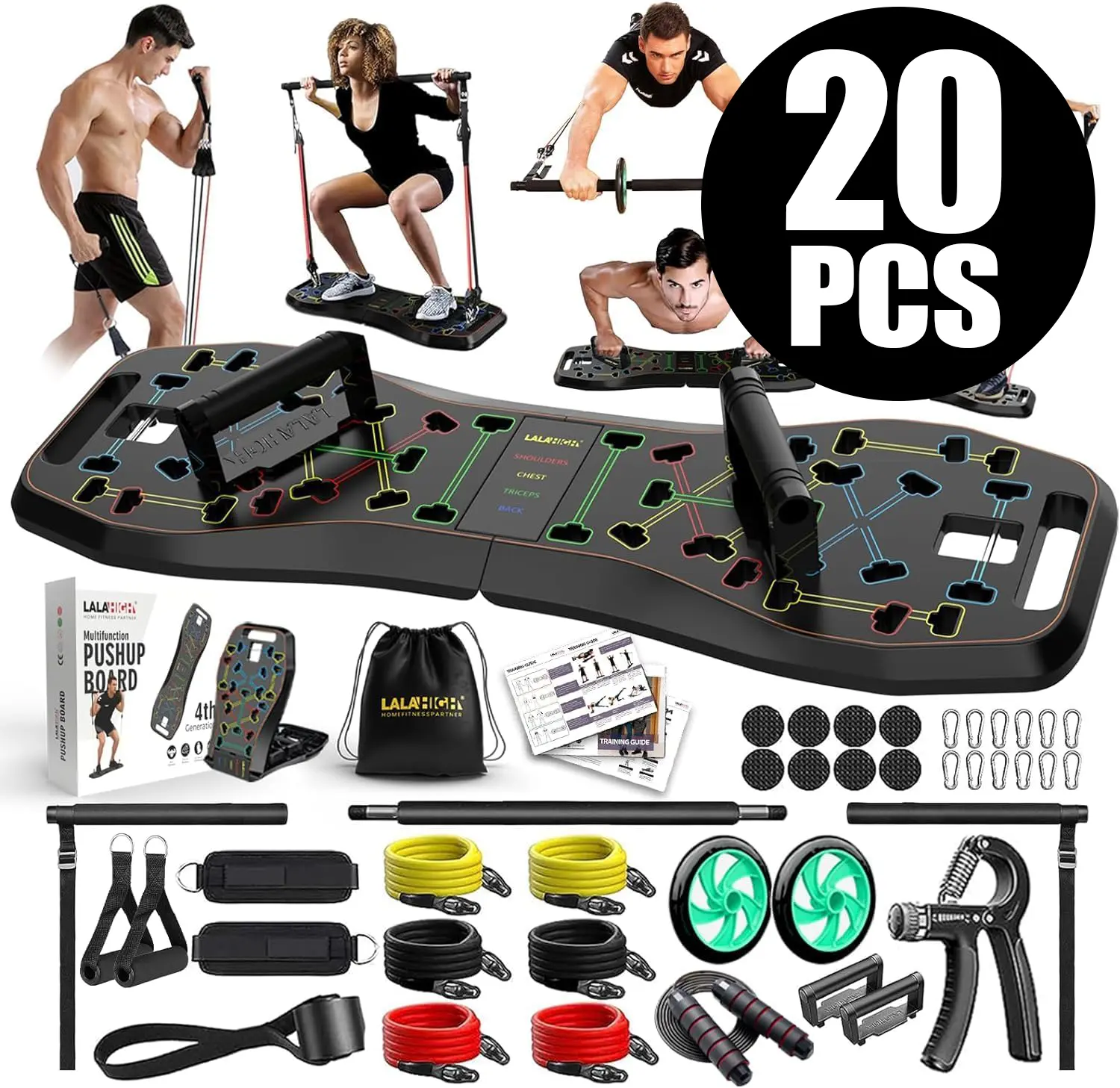 LALAHIGH Portable Home Gym System Push Up Bars - Home Exercise Machine Workout Station with Large Compact Push Up Board, Pilates Bar, 20 Fitness Accessories, Resistance Bands, Ab Roller Wheel for Men - Full Body Exercise Equipment Gift for Boyfriend, Port