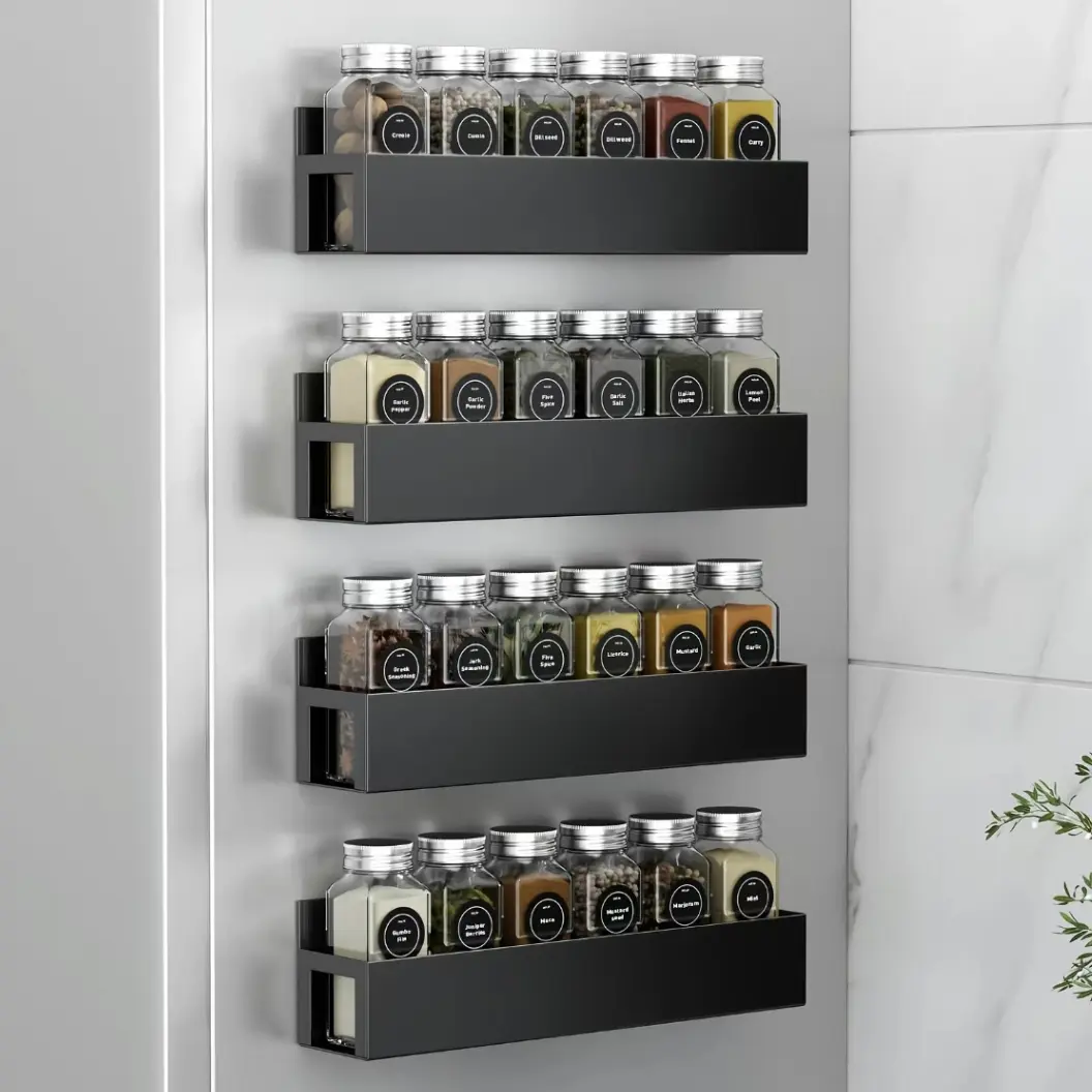 Metal Magnetic Spice Rack Organizer 4-Pack (Rectangle, 4-Layer) with Metal Organiser Hooks, Compact & Sleek Corrosion Resistant Adjustable Storage for Refrigerator, Kitchen Shelves, Easy to Access Spices