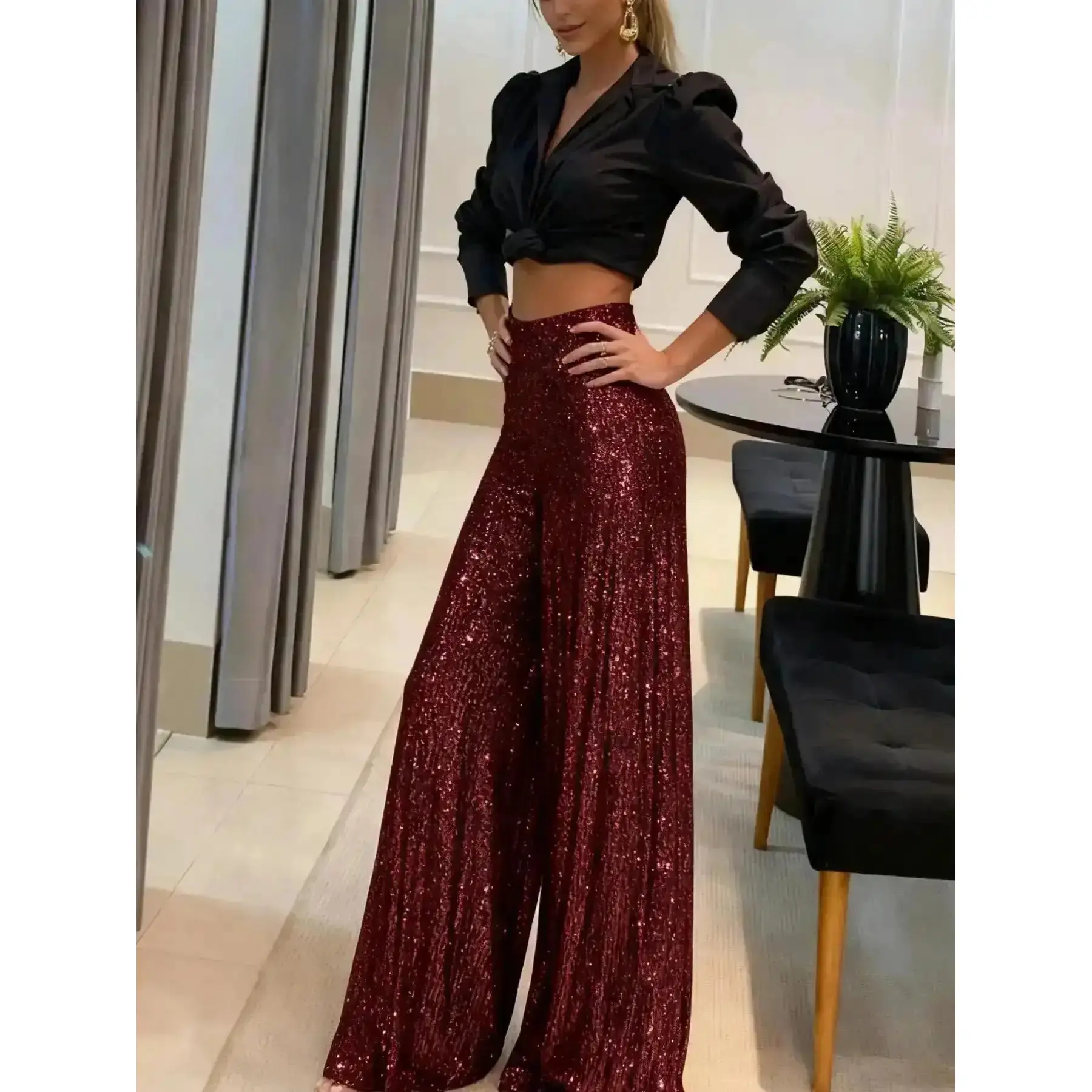 A women's wide-leg version is loose and elegant inclusive with a good waist elastic design sequin Maxi trousers, suitable for autumn winter, dinner party style, fashionable red carpet other styles Lady Womenswear