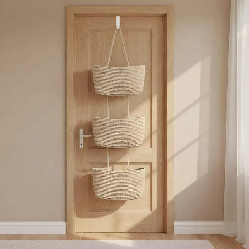 Decorative 3-Tier hanging organizer bag, natural rattan over the door basket – large woven cotton wall-mounted storage, nursery & fall room decor, suitable for renters maximizing space plant hangable laundry basket house organizers